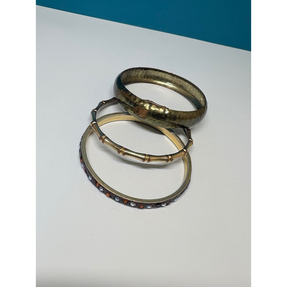 Vintage Gold Tone Bangle Bracelet Set Hammered Bamboo Rhinestone 3pc Boho 8in